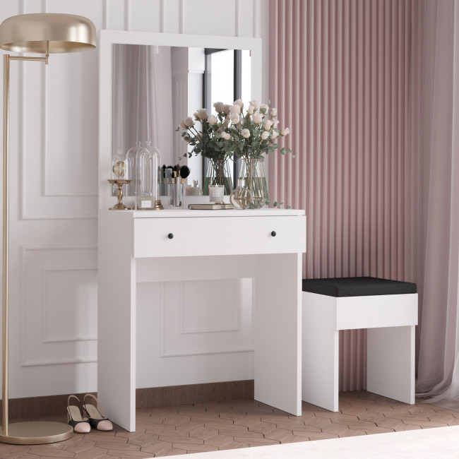 Liss - Coiffeuse 1 tiroir avec miroir et tabouret en bois