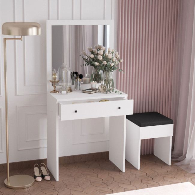 Liss - Coiffeuse 1 tiroir avec miroir et tabouret en bois