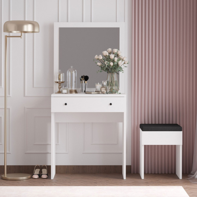 Liss - Coiffeuse 1 tiroir avec miroir et tabouret en bois