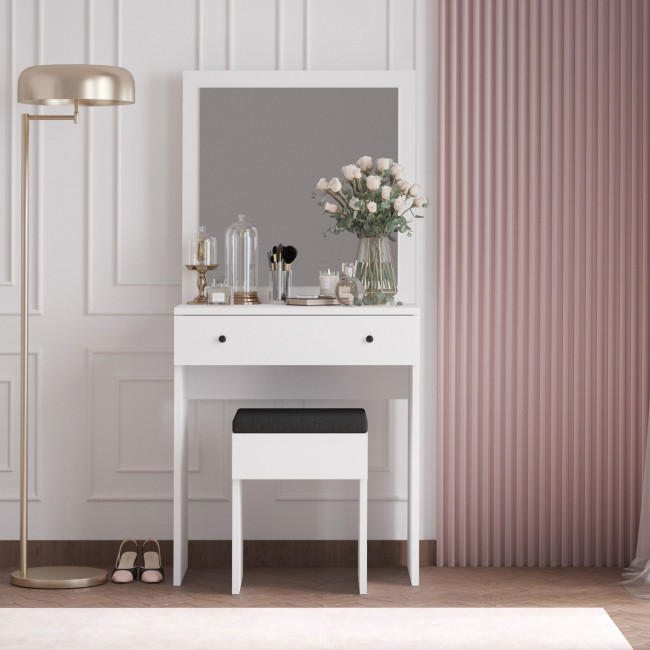 Liss - Coiffeuse 1 tiroir avec miroir et tabouret en bois