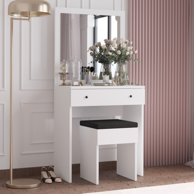 Liss - Coiffeuse 1 tiroir avec miroir et tabouret en bois