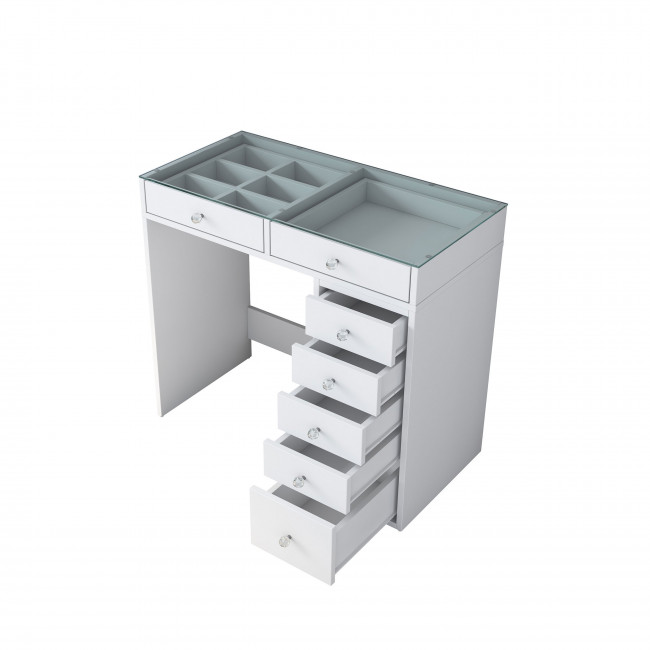 Tiya - Coiffeuse 7 tiroirs avec plateau en verre L90cm