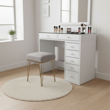 Tiya - Coiffeuse 7 tiroirs avec plateau en verre L90cm