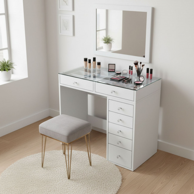 Tiya - Coiffeuse 7 tiroirs avec plateau en verre L90cm