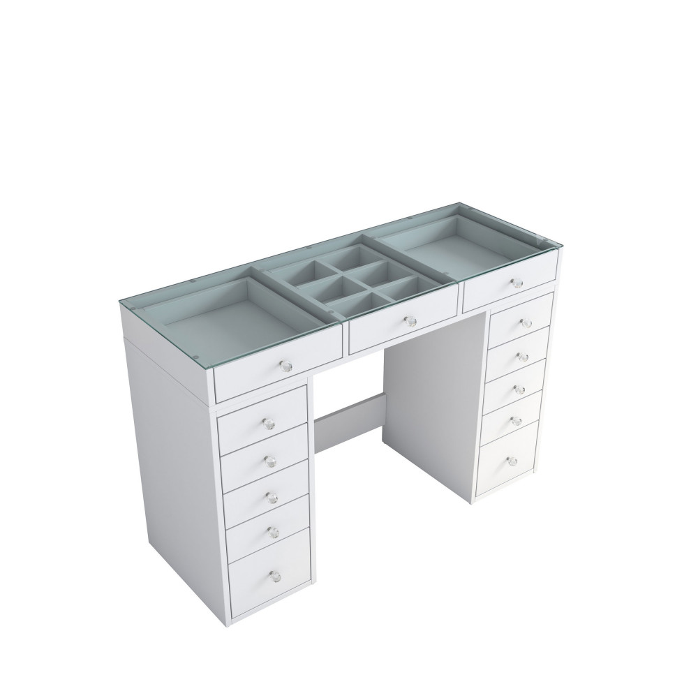 Coiffeuse Avec Miroir LED 3 Couleurs Et Tiroirs – Table De Maquillage Blanc 80 Cm, Plateau Verre