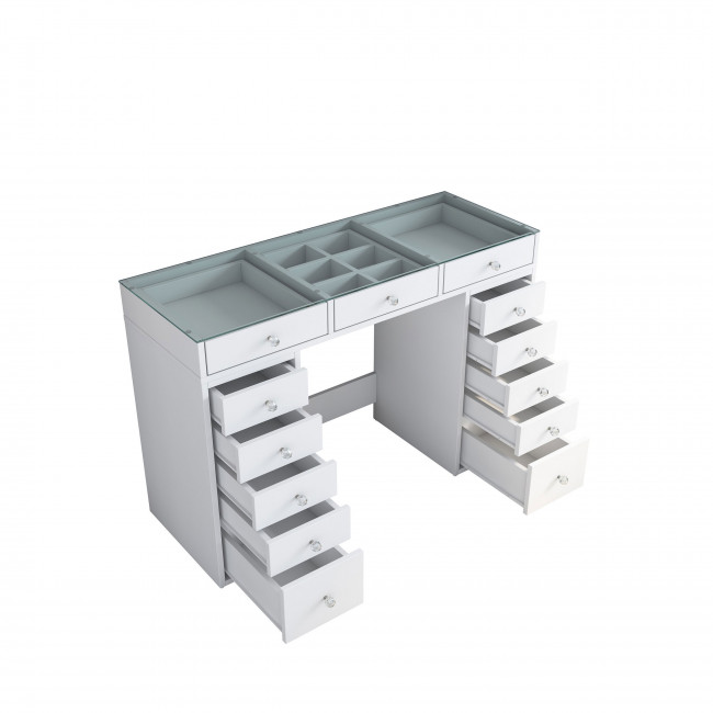 Tiya - Coiffeuse 13 tiroirs avec plateau en verre L120cm