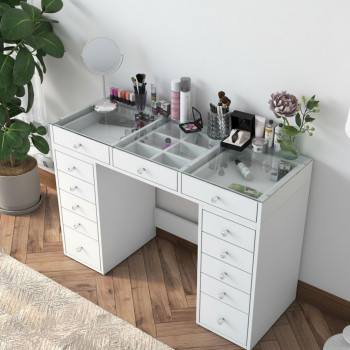 Tiya - Coiffeuse 13 tiroirs avec plateau en verre L120cm