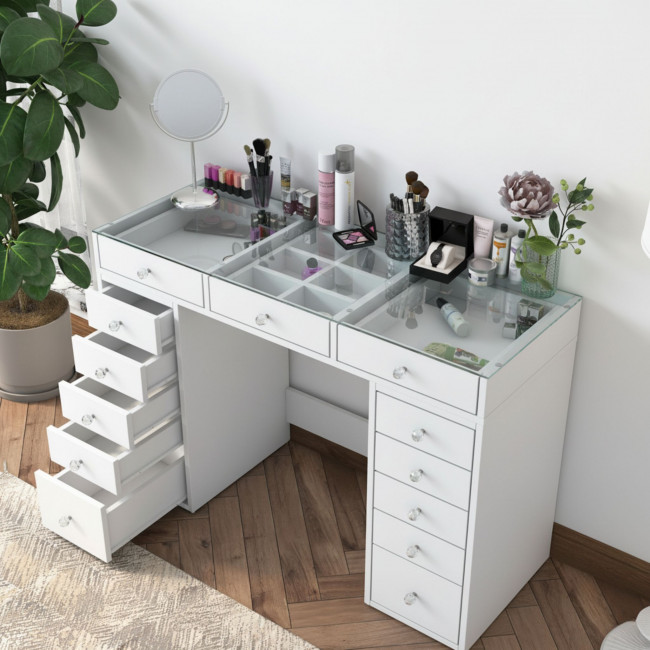 Tiya - Coiffeuse 13 tiroirs avec plateau en verre L120cm