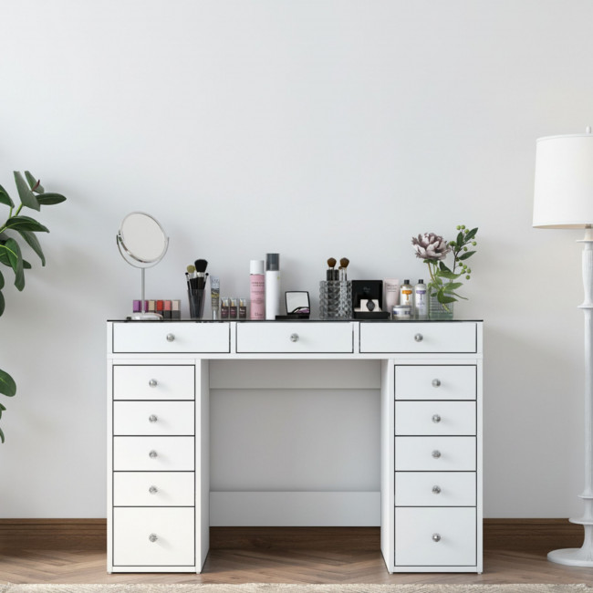 Tiya - Coiffeuse 13 tiroirs avec plateau en verre L120cm