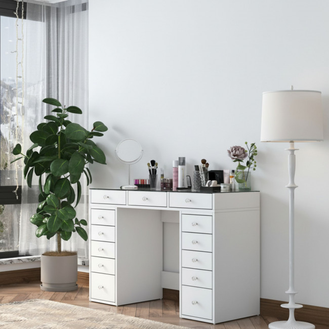 Tiya - Coiffeuse 13 tiroirs avec plateau en verre L120cm