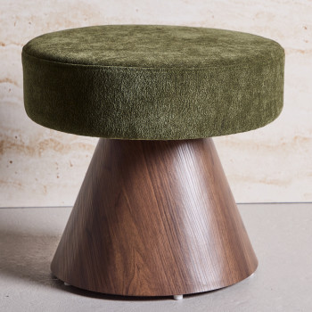 Lanzo - Pouf rond en tissu bouclette avec pied en bois