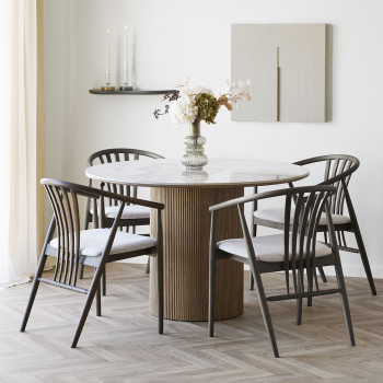 Athens - Table à manger 4 personne ronde effet marbre et bois