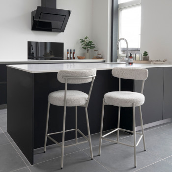 Badalona - Tabouret de bar en tissu bouclette pieds beiges H65cm