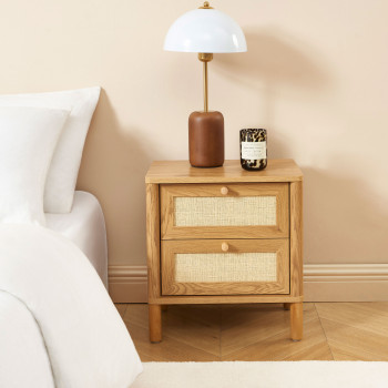 Iris - Table de chevet 2 tiroirs en bois et cannage
