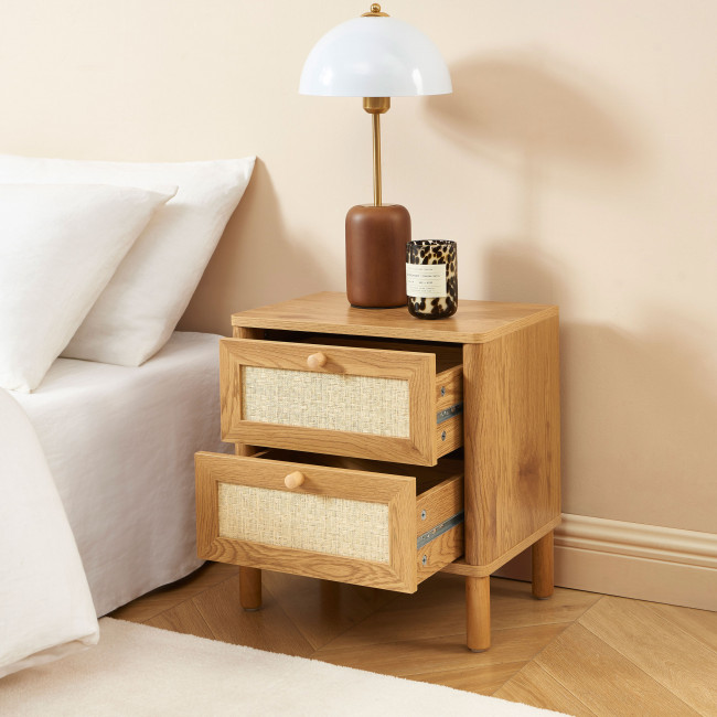 Iris - Table de chevet 2 tiroirs en bois et cannage