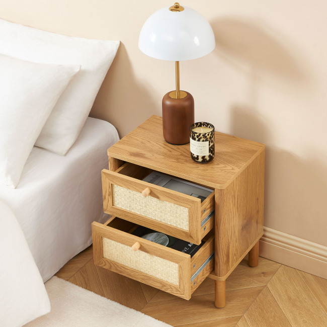 Iris - Table de chevet 2 tiroirs en bois et cannage