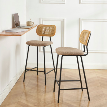 Ema - Lot de 2 tabourets de bar en tissu bouclette et métal H66,5cm