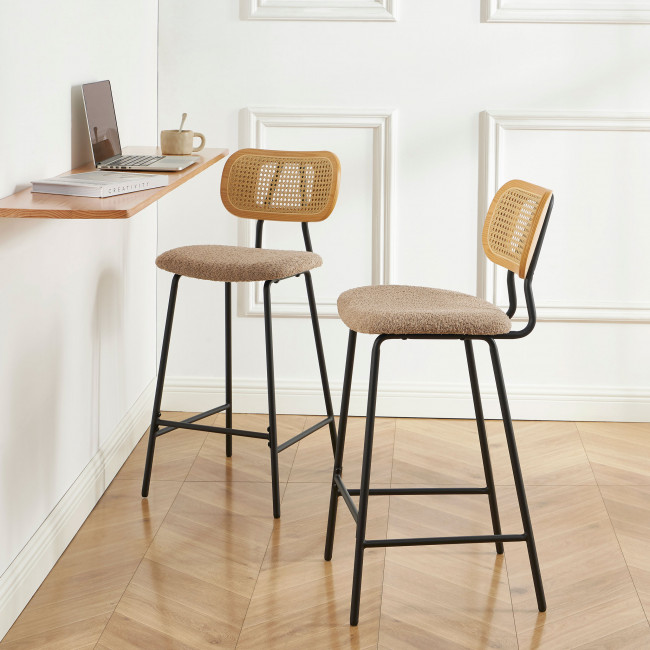 Ema - Lot de 2 tabourets de bar en tissu bouclette et métal H66,5cm