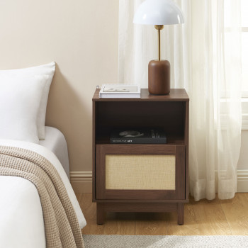 Estela - Table de chevet 1 porte en bois et cannage 