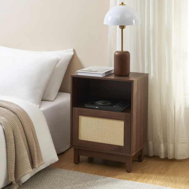 Estela - Table de chevet 1 porte en bois et cannage 