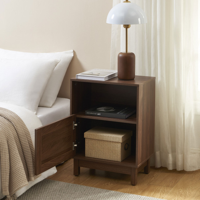 Estela - Table de chevet 1 porte en bois et cannage 