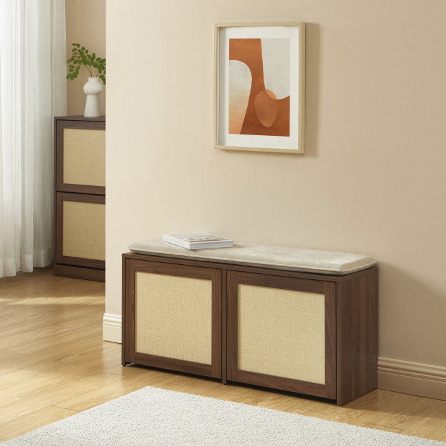 Estela - Banc d'entrée avec rangement à chaussures en bois et cannage L100cm