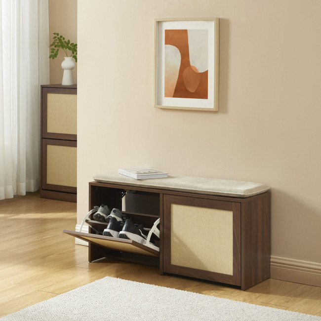 Estela - Banc d'entrée avec rangement à chaussures en bois et cannage L100cm