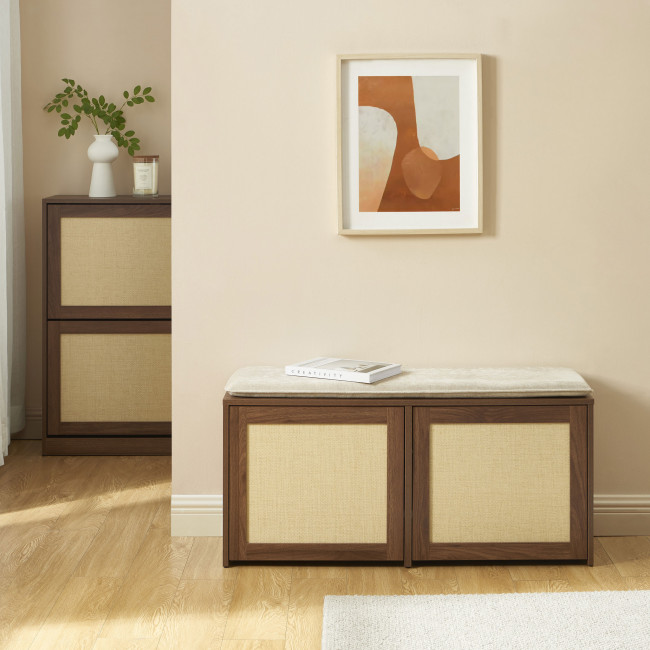Estela - Banc d'entrée avec rangement à chaussures en bois et cannage L100cm