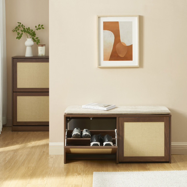 Estela - Banc d'entrée avec rangement à chaussures en bois et cannage L100cm