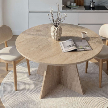 Naro - Table à manger 4 personnes ronde effet travertin