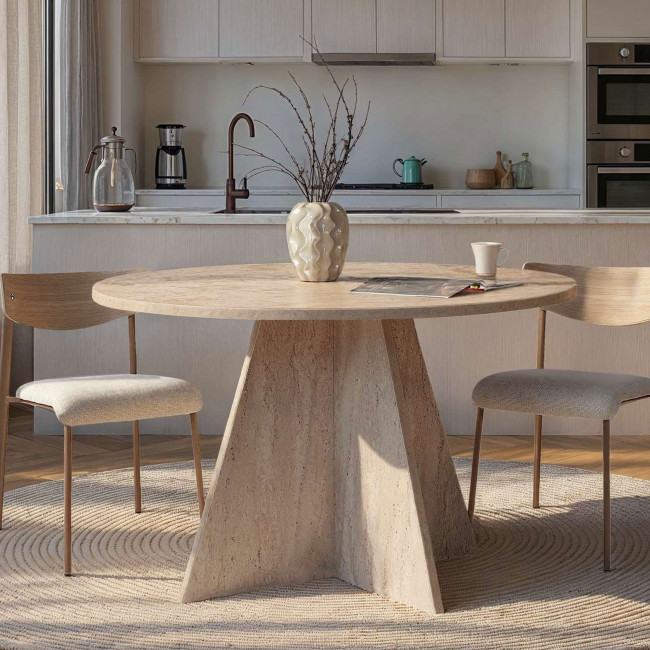 Naro - Table à manger 4 personnes ronde effet travertin