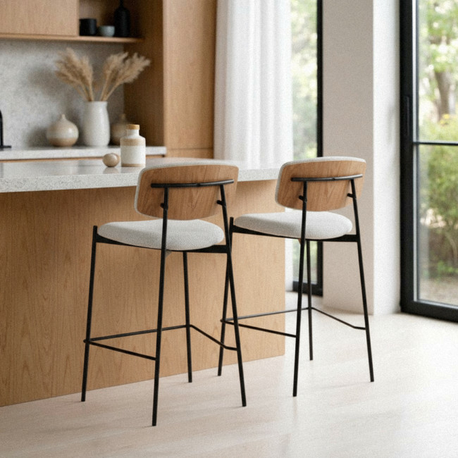 Nelly - Lot de 2 chaises de bar en tissu bouclette et métal H65cm