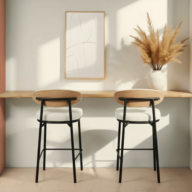 Rode - Lot de 2 chaises de bar en tissu bouclette, bois et métal H65cm