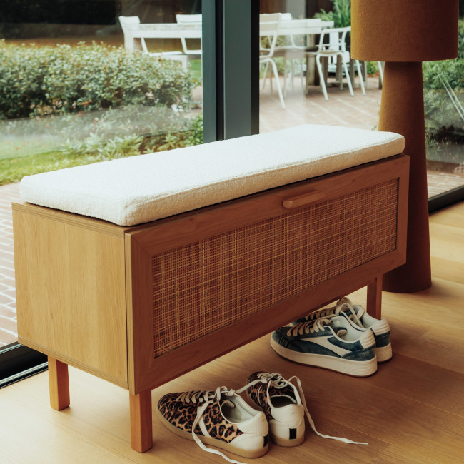 June - Banc d'entrée avec rangement chaussures en bois et cannage L100cm