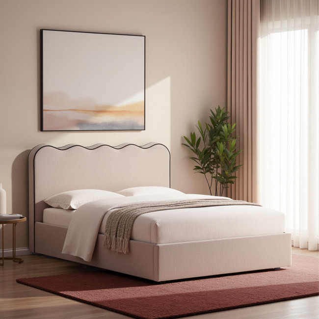 Nagoya - Lit coffre en tissu avec tête de lit ondulée 140x190cm