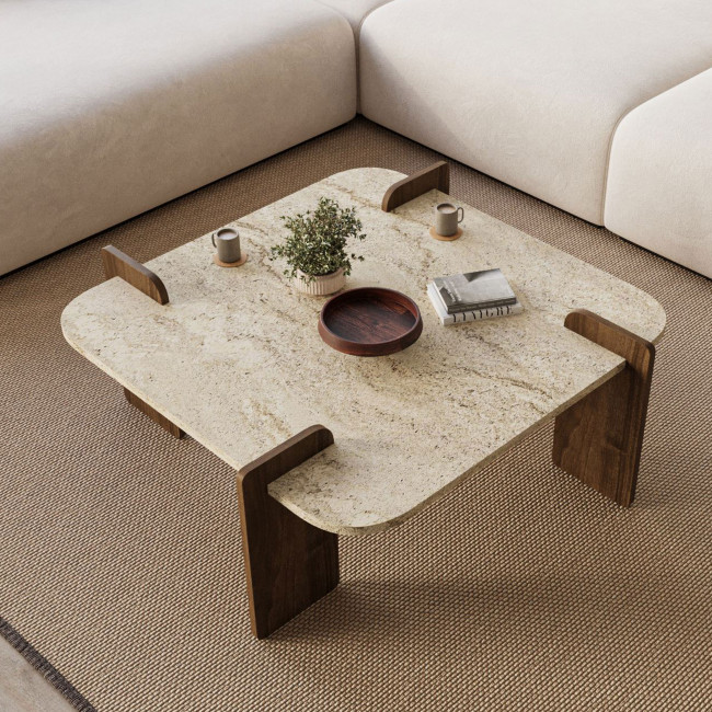 Soleni - Table basse en bois et effet marbre 90x90cm