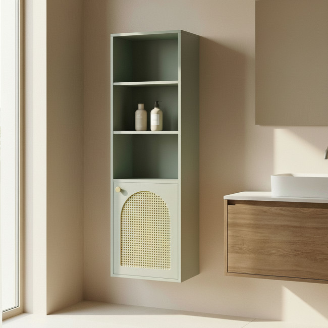 Ali - Colonne de rangement suspendue en bois et cannage H135cm