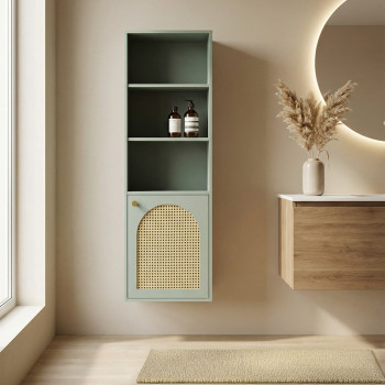 Ali - Colonne de rangement suspendue en bois et cannage H135cm