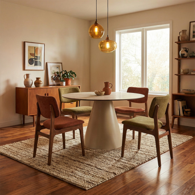 Chiba - Table à manger 4 personnes ronde effet travertin