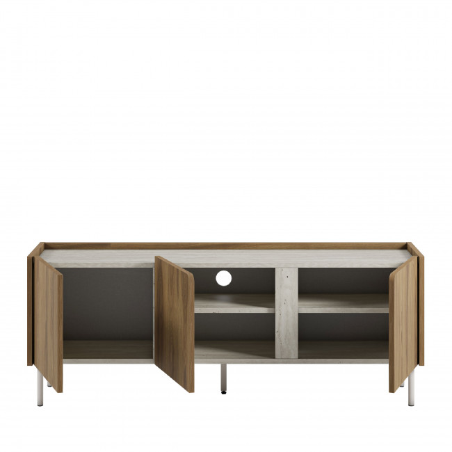 Boxy - Meuble TV 3 portes en bois et effet travertin L140cm