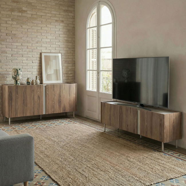 Boxy - Meuble TV 3 portes en bois et effet travertin L140cm