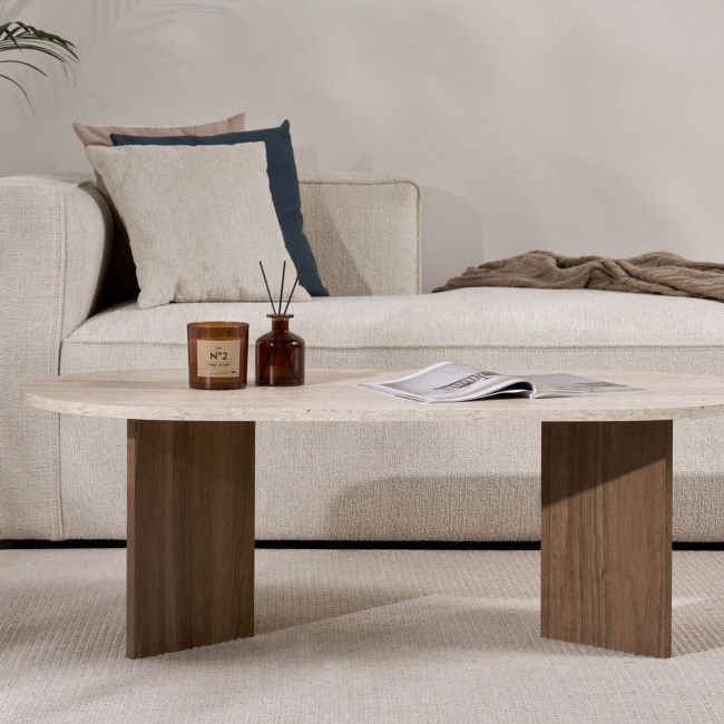 Sam - Table basse ovale en bois et effet travertin