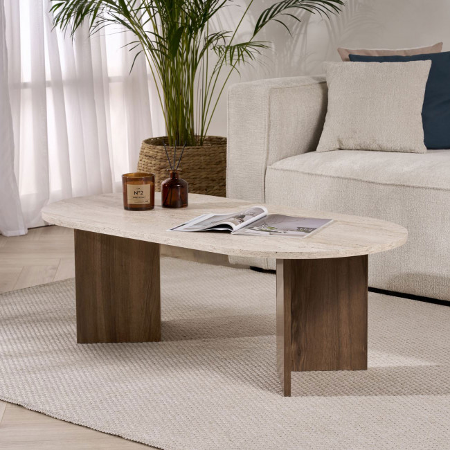 Sam - Table basse ovale en bois et effet travertin