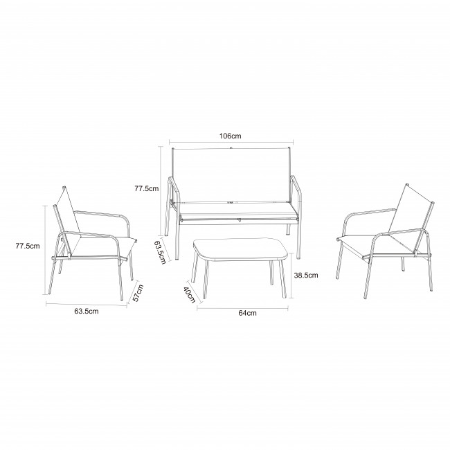 Kallia - Salon de jardin 1 canapé, 2 fauteuils, 1 table basse en métal