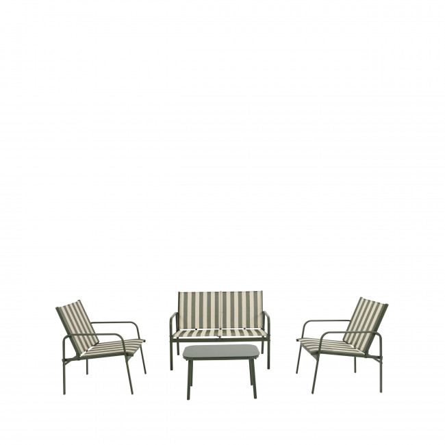 Kallia - Salon de jardin 1 canapé, 2 fauteuils, 1 table basse à rayures et métal