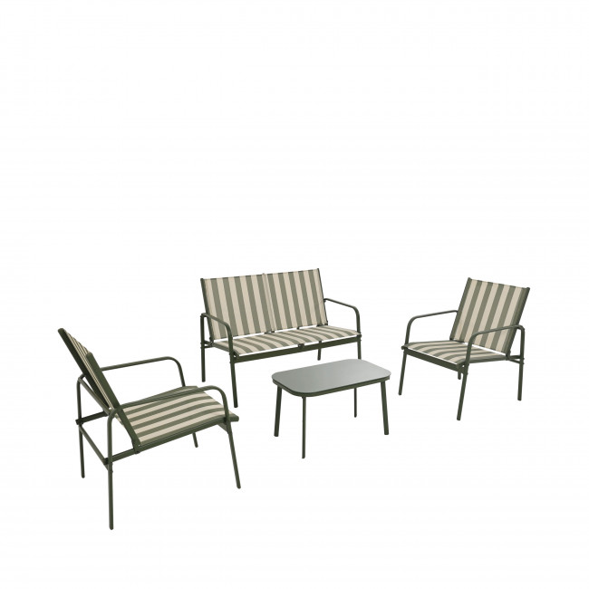 Kallia - Salon de jardin 1 canapé, 2 fauteuils, 1 table basse à rayures et métal