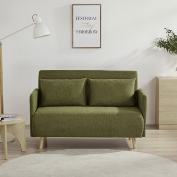 Belushi - Canapé convertible 2 places en tissu pieds bois clair