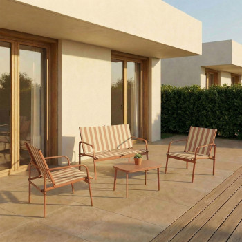 Kallia - Salon de jardin 1 canapé, 2 fauteuils, 1 table basse à rayures et métal