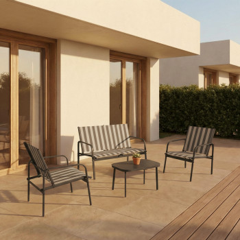 Kallia - Salon de jardin 1 canapé, 2 fauteuils, 1 table basse à rayures et métal