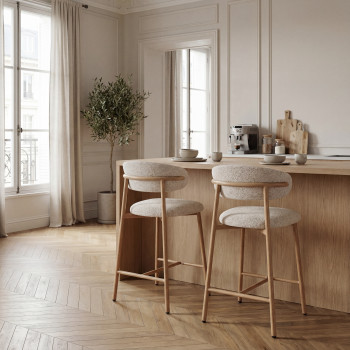 Draco - Lot de 2 chaises de bar en tissu pieds effet bois clair H65cm